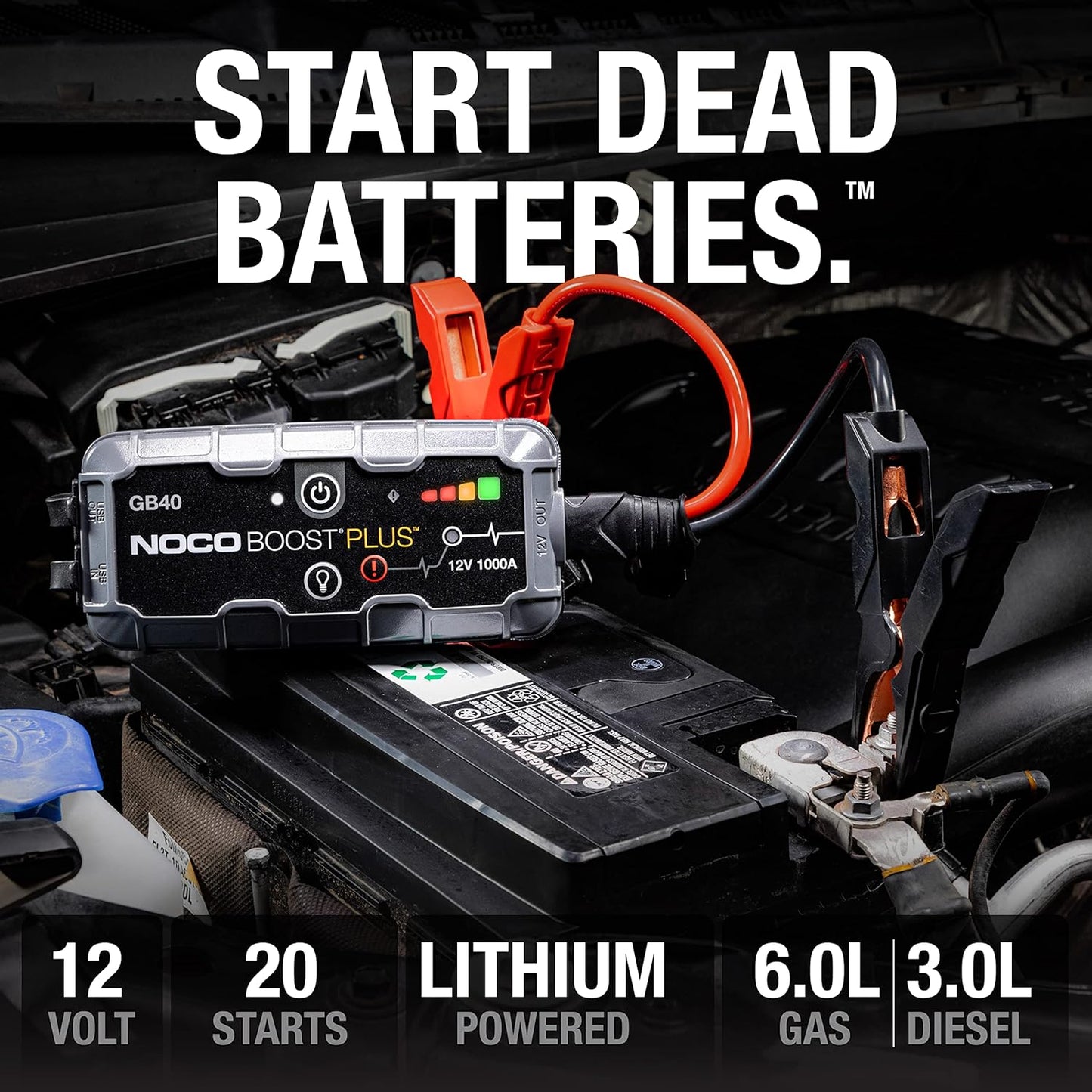 NOCO Boost GB40 12V 1000A UltraSafe Portable Lithium Jump Starter | Spark-Proof + Reverse Polarity Protection - Power Bank - 100-Lumen LED Flashlight - For 6.0L Gas and 3.0L Diesel Engines
