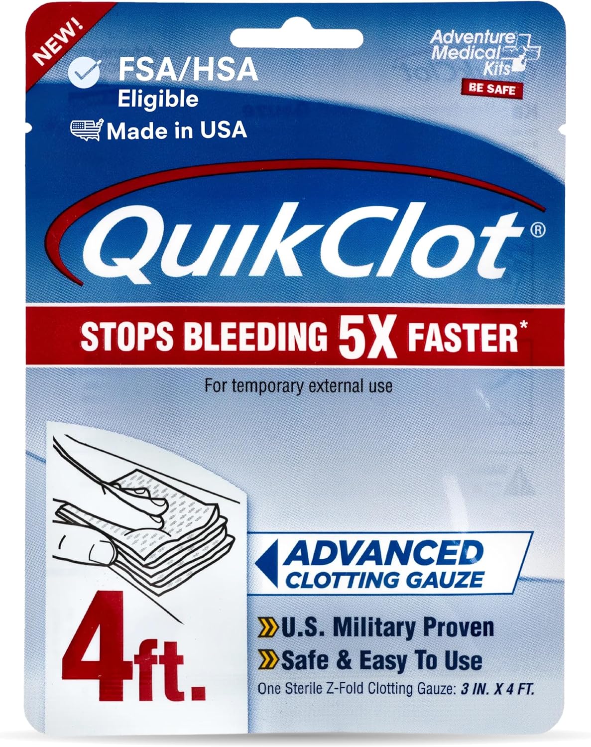 Adventure Medical Kits QuikClot Advanced Clotting Gauze - Stops Bleeding Up to 5X Faster Than Standard Gauze - Kaolin Hemostatic Dressing - for First Aid Kits & Survival Gear - 3 x 24