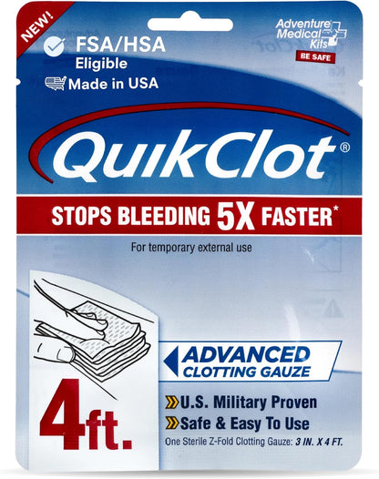 Adventure Medical Kits QuikClot Advanced Clotting Gauze - Stops Bleeding Up to 5X Faster Than Standard Gauze - Kaolin Hemostatic Dressing - for First Aid Kits & Survival Gear - 3 x 24