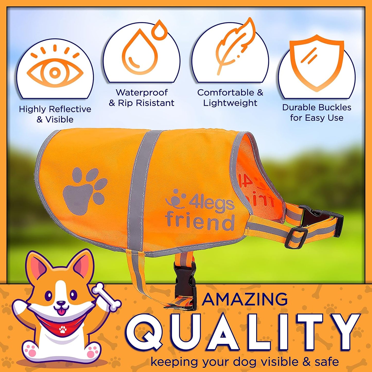 Safety Reflective Orange Vest - Side Release Buckles, High Visibility to Keep Your Dog Safe from Cars & Hunting Accidents