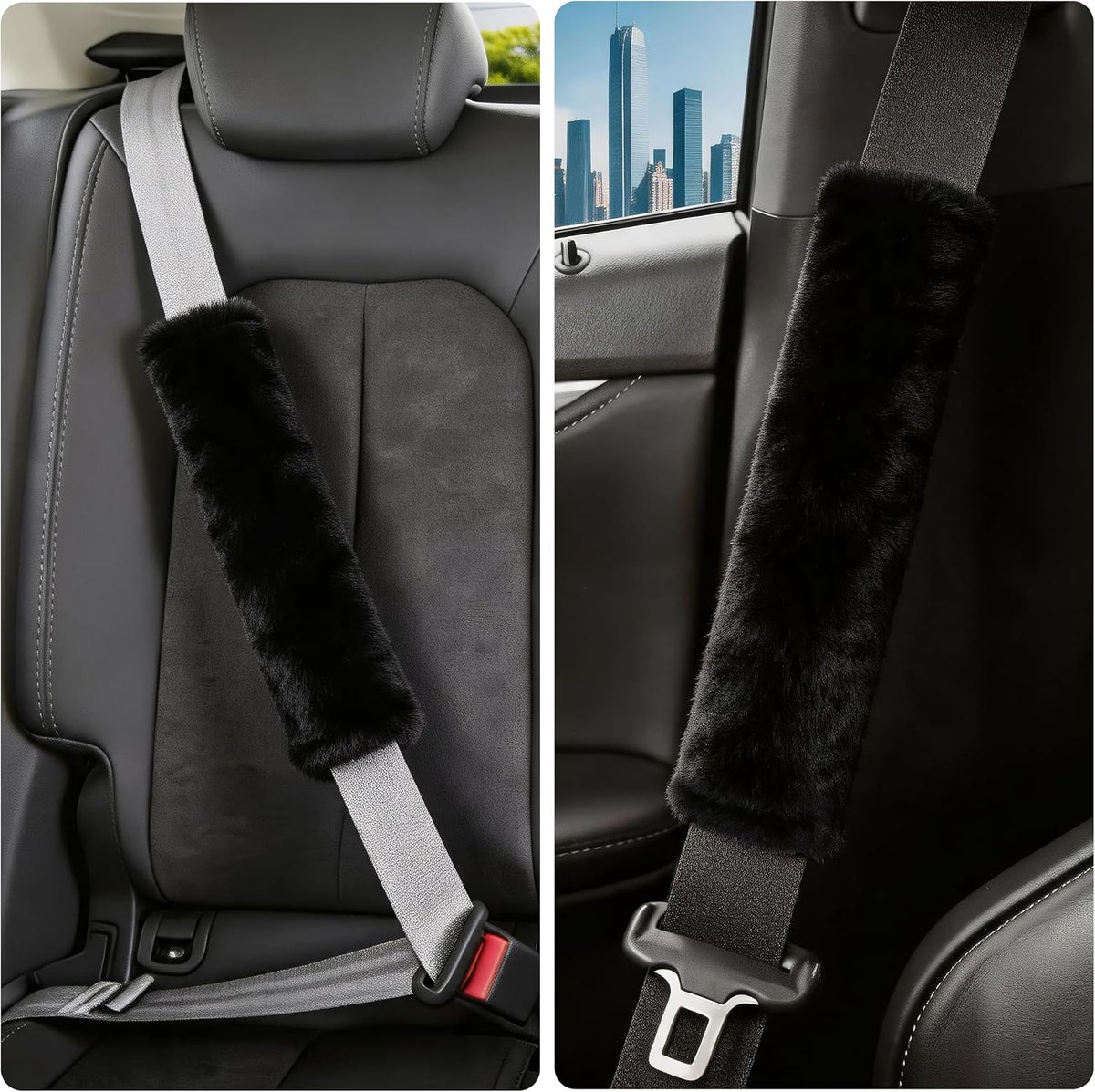 Amooca Soft Faux Fur Universal Fit Seatbelt Cover Car Truck SUV Airplane Seat Belt Shoulder Pad for Carmera Backpack Straps Neck Cushion Protector 2 Pack 10.5in Dark Gray