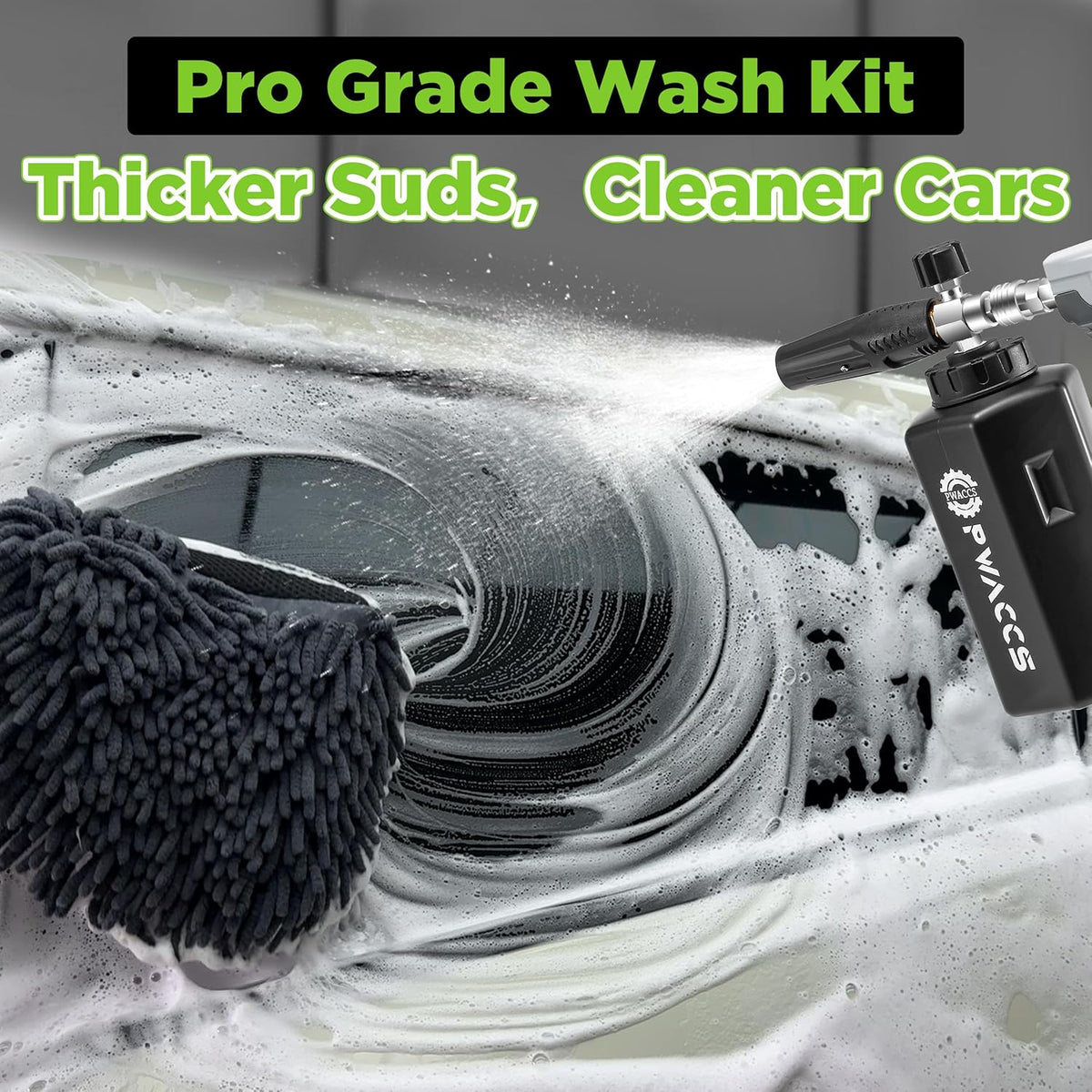 PWACCS Pressure Washer Foam Gun with Dual Connector Accessory, Short Power Washer Gun Foam Cannon and Double Tip Attachment Car Wash Kit, 1/4" Quick Connector, M22 Male Inlet, 4000 PSI, 1.5 Liter