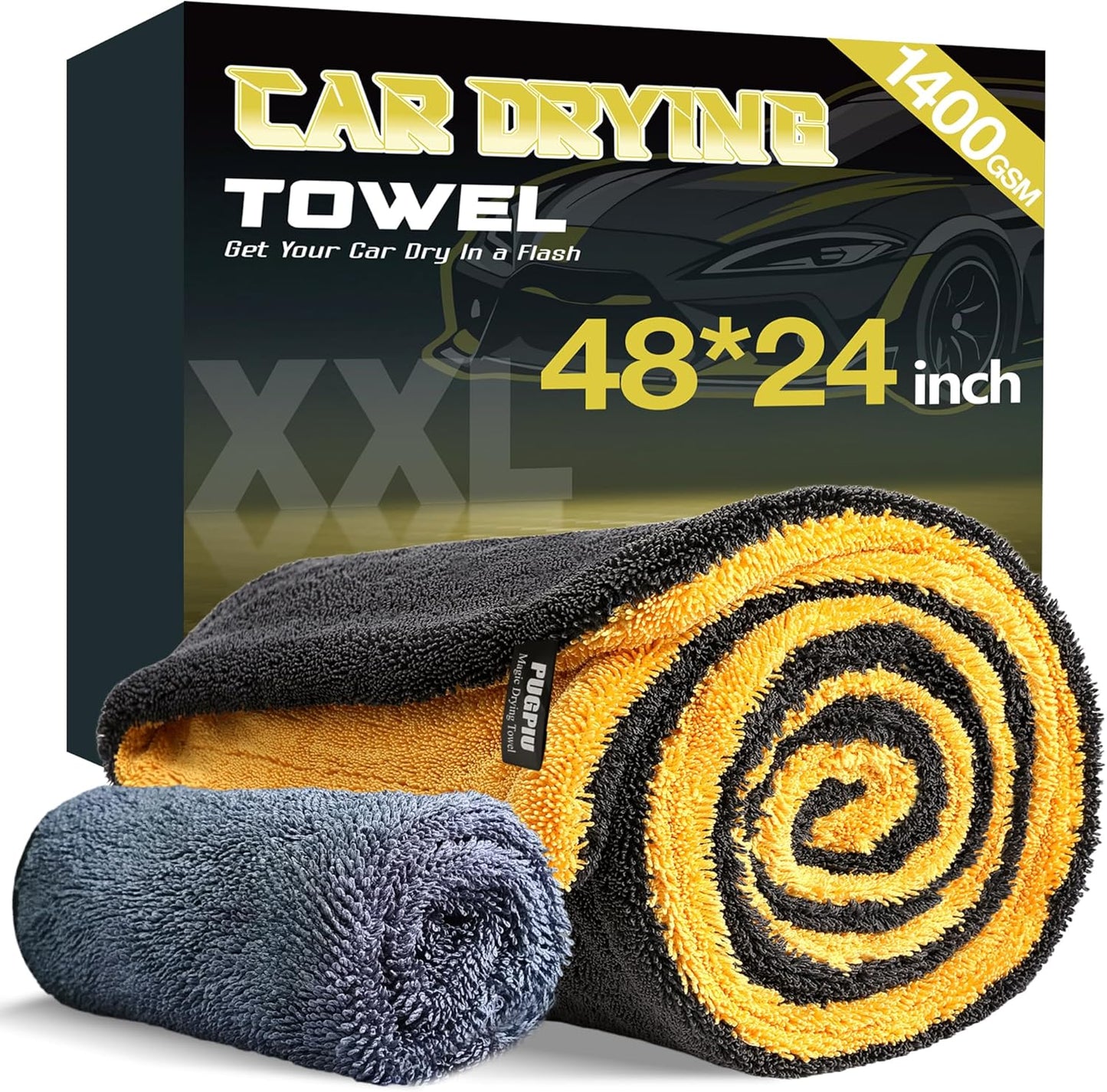 PUGPIU Microfiber Car Drying Towel Extra Large Super Absorbent 48"X24", 1400 GSM Flash Detail Car Wash Drying Towel Edgeless with Two Sided Soft Twisted-Loop, No Water Spots Streaks for Cars (Green)