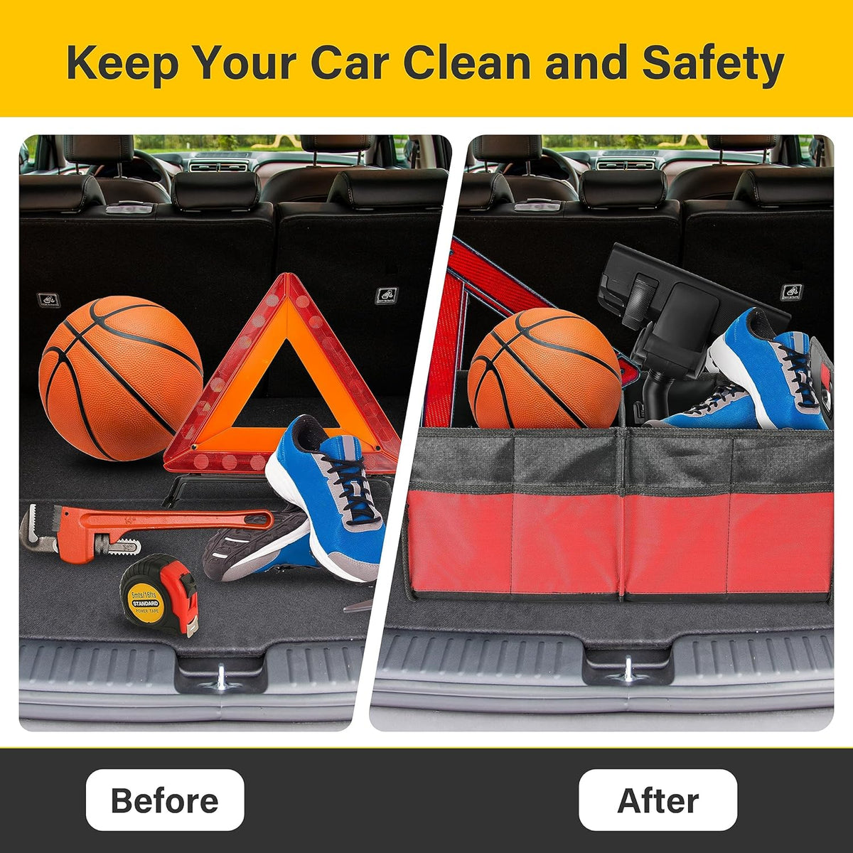 YSSOA Car Trunk Organizer, 2 Compartments Anti-slip 14" D x 22" W x 12" H Collapsible Trunk Storage, 600D Oxford Polyester Car Storage, Suitable for SUV, Minivan, Truck, Black