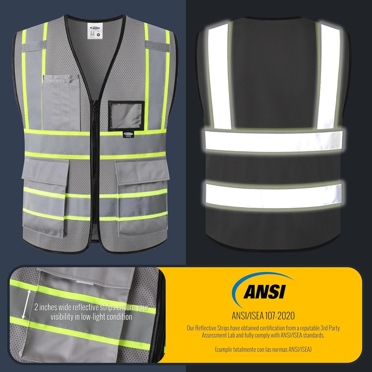 JKSafety Safety Vest for men women Hi Vis Reflective Vest with Pockets and Zipper High Visibility Meet ANSI Standard（BX320