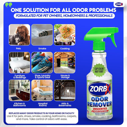 ZORBX Unscented Odor Eliminator for Strong Odor 16 Fl Oz - Used in Hospitals & Healthcare Facilities - Advanced Trusted Formula, Fast-Acting Odor Remover Spray for Dog, Cat, House & Carpet