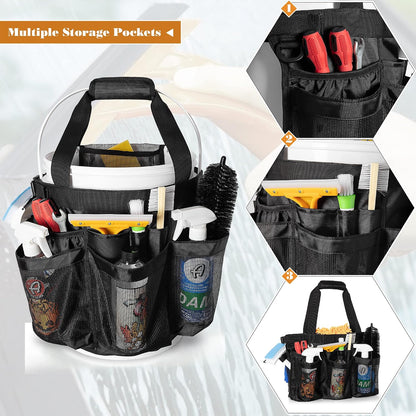 HODRANT 5 Gallon Bucket Organizer with Anti-fall Hooks & Buckle, Car Wash Bucket Caddy with Mesh Pockets, 5 Gallon Cleaning Tools Bag for Home, Auto, Garden & Fishing