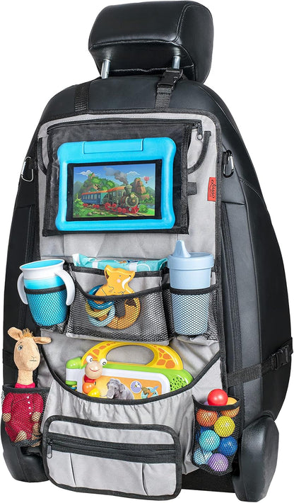 Lusso Gear Backseat Car Organizer- Kick Mat Protects Against Kids Feet - 12 Large Storage Pockets - iPad,Tablet, Water Bottle Holder- Durable, Heavy Duty Road Trip Essential (Black)
