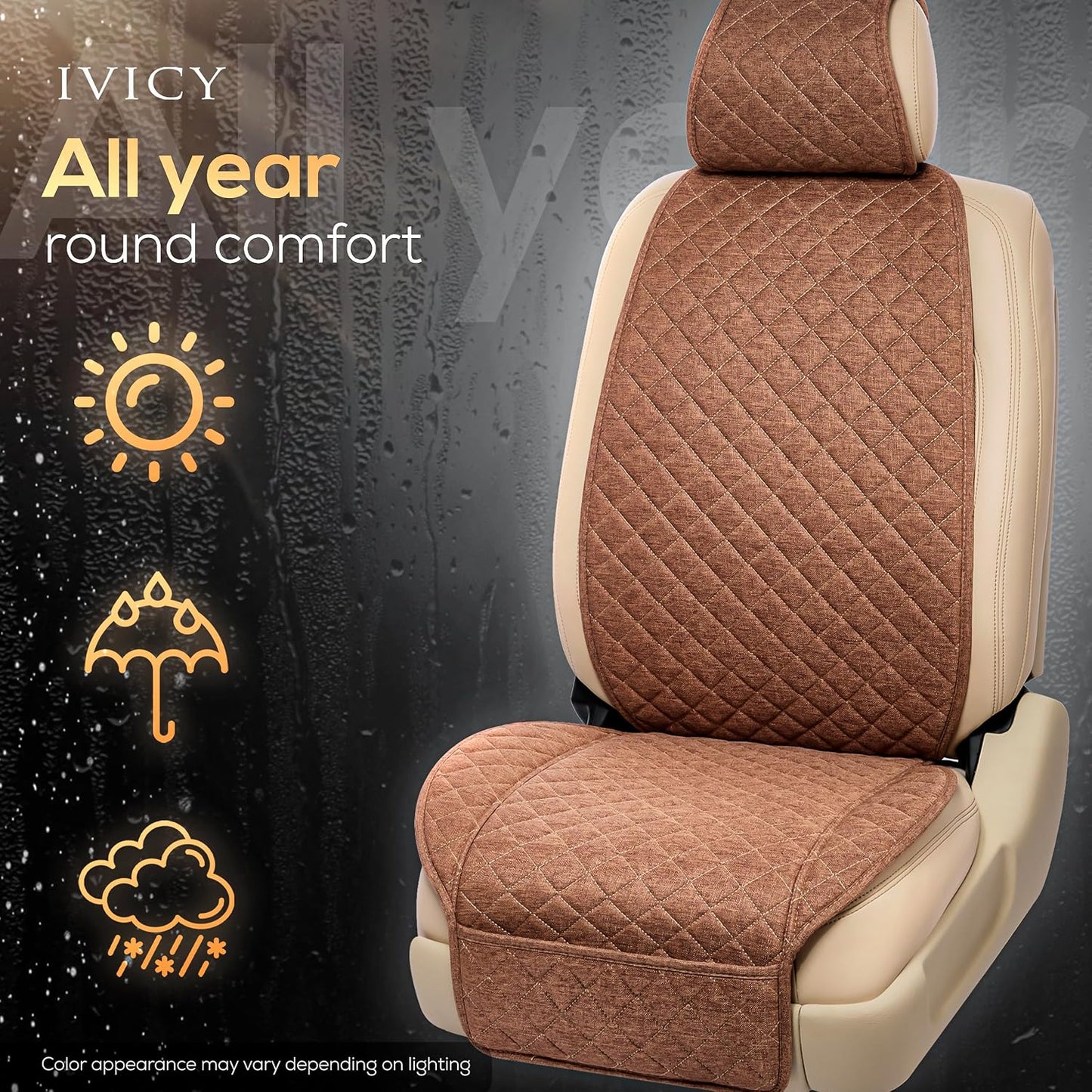 IVICY Faux Linen Front Car Seat Cover – Non-Slip Bucket Seat Protector for Most Cars, SUVs, Vans & Trucks – 1 Seat Cover, Machine Washable, Side-Airbag Friendly, Light Beige