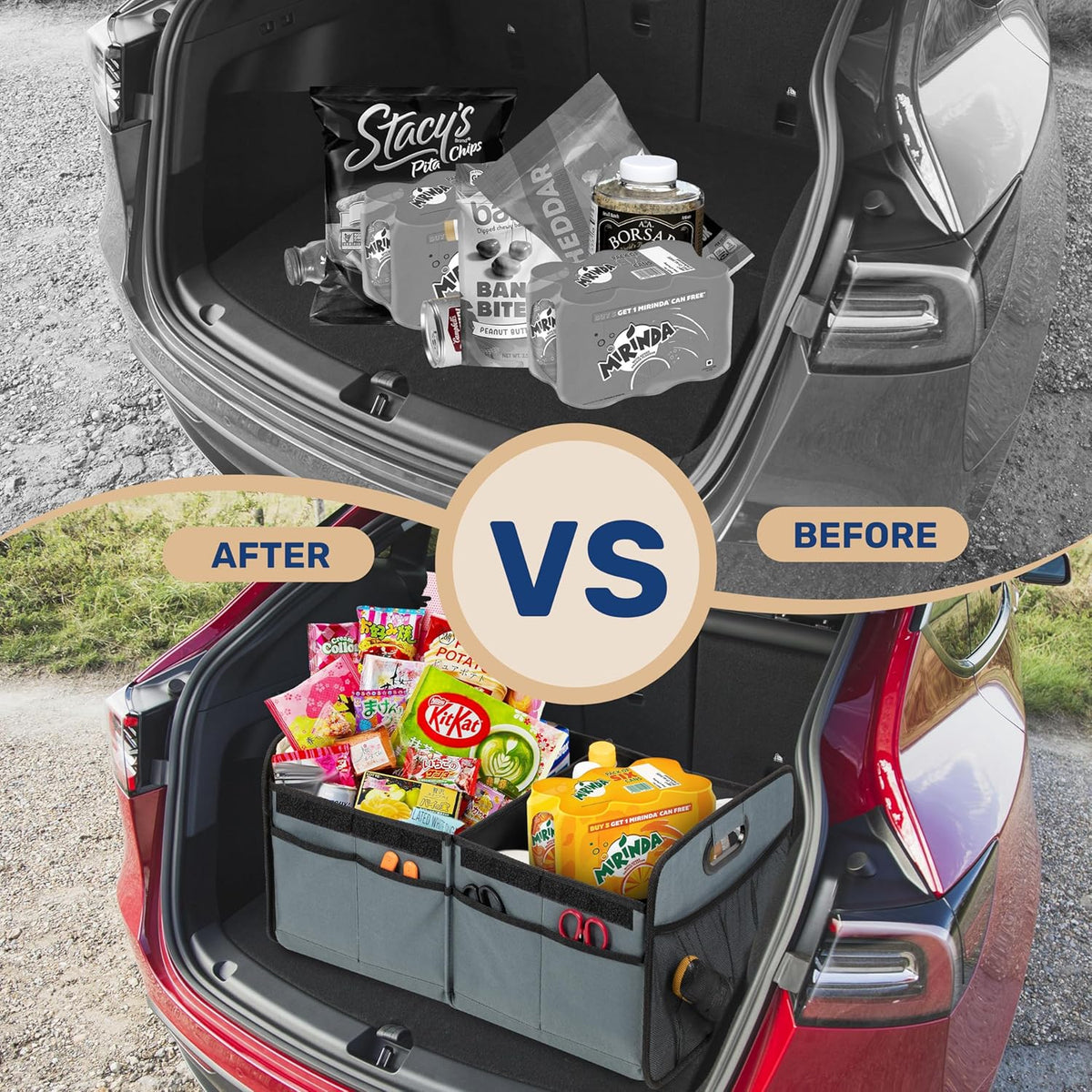 YSSOA Car Trunk Organizer, 2 Compartments Anti-slip 14" D x 22" W x 12" H Collapsible Trunk Storage, 600D Oxford Polyester Car Storage, Suitable for SUV, Minivan, Truck, Black