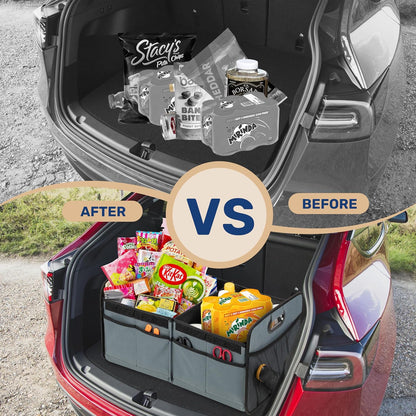 YSSOA Car Trunk Organizer, 2 Compartments Anti-slip 14" D x 22" W x 12" H Collapsible Trunk Storage, 600D Oxford Polyester Car Storage, Suitable for SUV, Minivan, Truck, Black