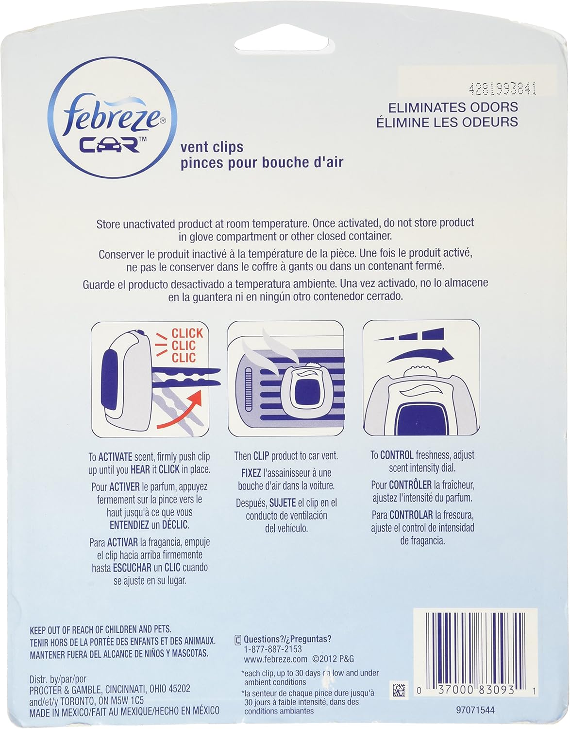 Febreze Car Air Freshener Vent Clip Platinum Ice Scent, .07 oz. Car Vent Clip, Pack of 4