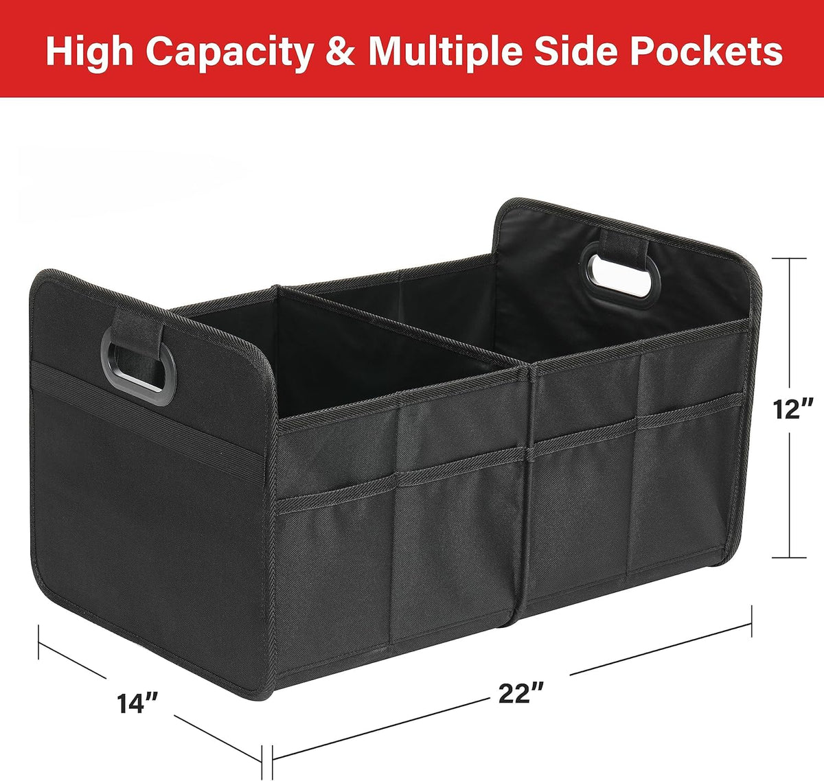 YSSOA Car Trunk Organizer, 2 Compartments Anti-slip 14" D x 22" W x 12" H Collapsible Trunk Storage, 600D Oxford Polyester Car Storage, Suitable for SUV, Minivan, Truck, Black