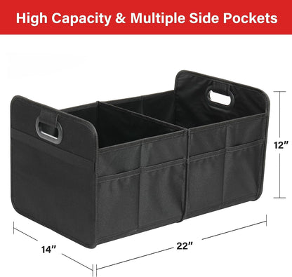 YSSOA Car Trunk Organizer, 2 Compartments Anti-slip 14" D x 22" W x 12" H Collapsible Trunk Storage, 600D Oxford Polyester Car Storage, Suitable for SUV, Minivan, Truck, Black