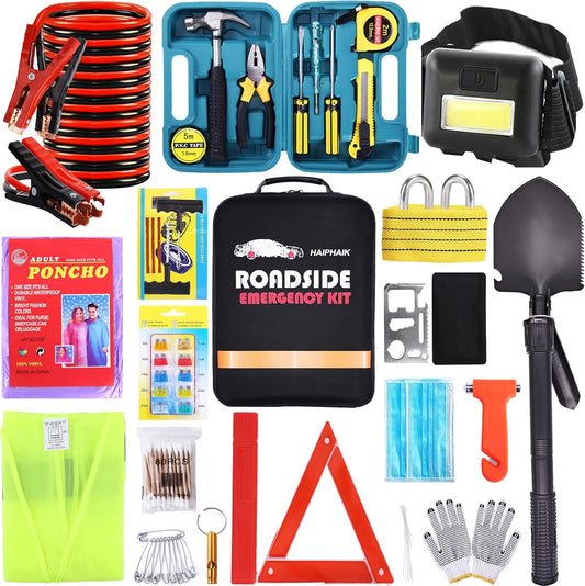 Car Emergency Kit with Jumper Cables Car Safety Kit Vehicle Emergency | Car Emergency Kits for Vehicles Headlamps, Car Glasses Holder, Safety Hammer, Ideal Gifts for New Drivers
