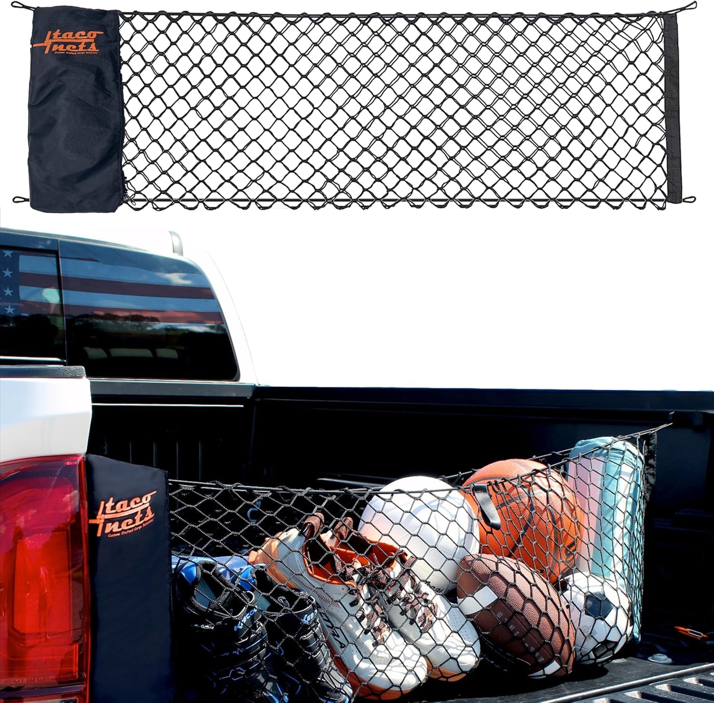 TacoNets Envelope Cargo Net for GMC Sierra & Chevy Silverado - Fits 2013-Current - Upgraded 5mm Bungee - Integrated Storage Bag - Heavy Duty Carabiners - Designed in USA