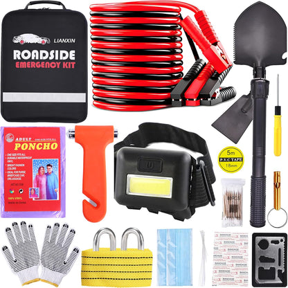 142 PCS Emergency Roadside Kit for Car ,Safety Car Kit with Jumper Cables | Roadside Assistance Emergency Kit Warning Triangle, Safety Hammer, Tow Rope, Car Emergency Kit Gifts for New Drivers