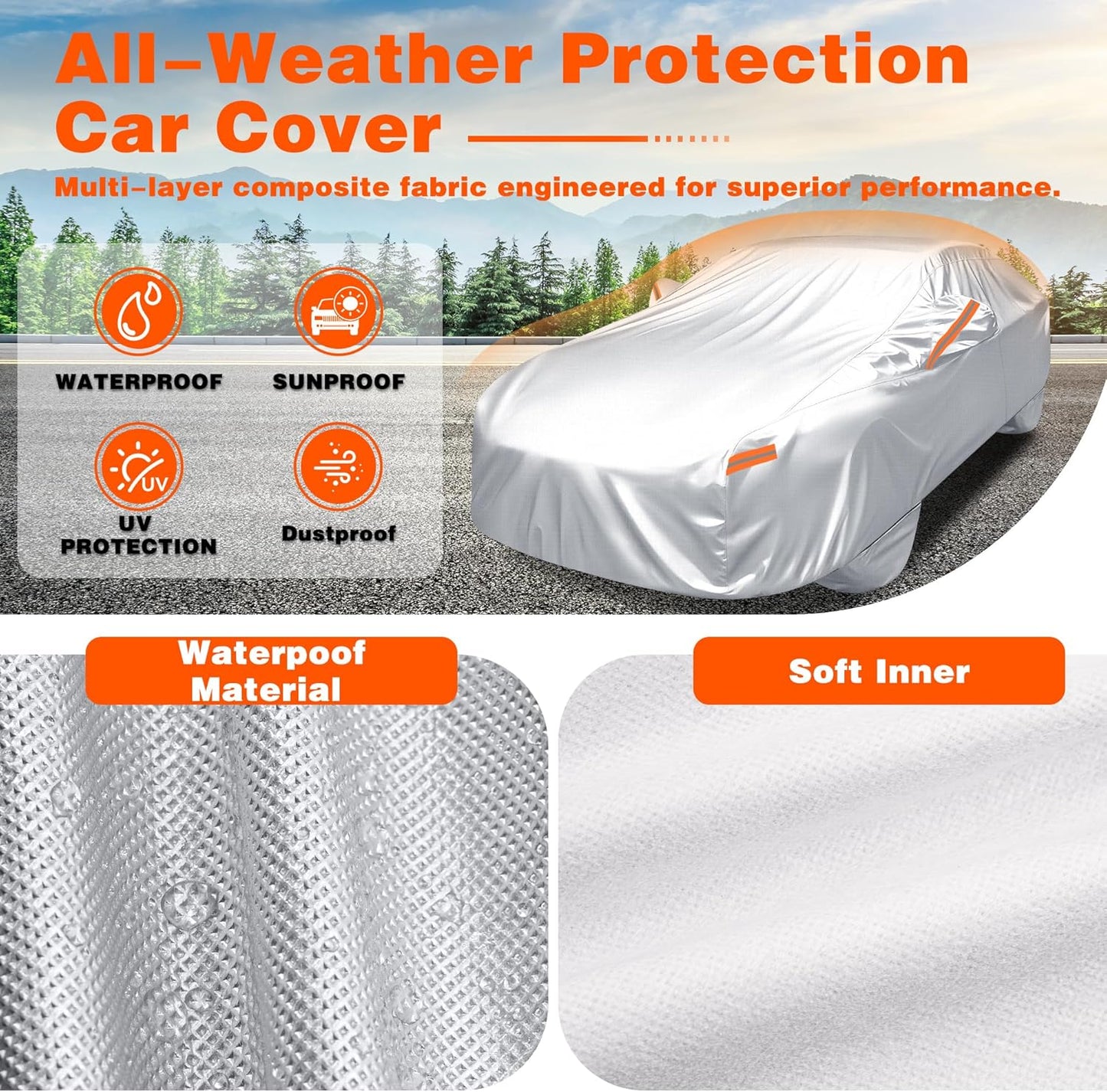 iCOVER Car Cover, Waterproof All Weather Car Covers for Honda Civic Toyota Corolla Chevy Cruze Kia Forte, Outdoor Full Exterior Cover with Detachable Tire Covers, Car Cover for Sedan, Fits up to 193"