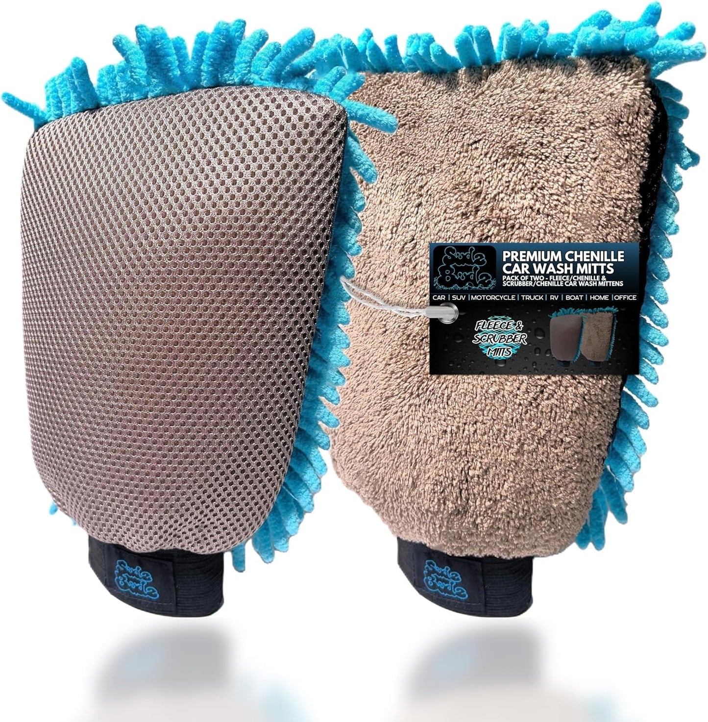 Sudz Budz® Premium Microfiber Chenille Car Washing Mitt 2 Pack | 2-in-1 Double-Sided Scrubber and Fleece Mitts. Soft, Durable, No Scratch, Lint-Free Washing and Detailing for Exterior Car Care