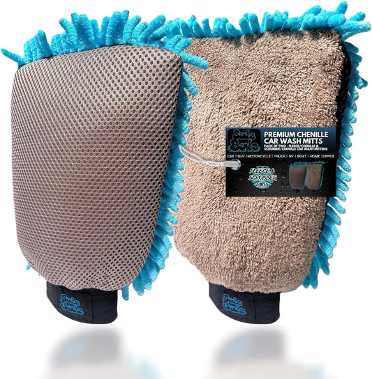Sudz Budz® Premium Microfiber Chenille Car Washing Mitt 2 Pack | 2-in-1 Double-Sided Scrubber and Fleece Mitts. Soft, Durable, No Scratch, Lint-Free Washing and Detailing for Exterior Car Care