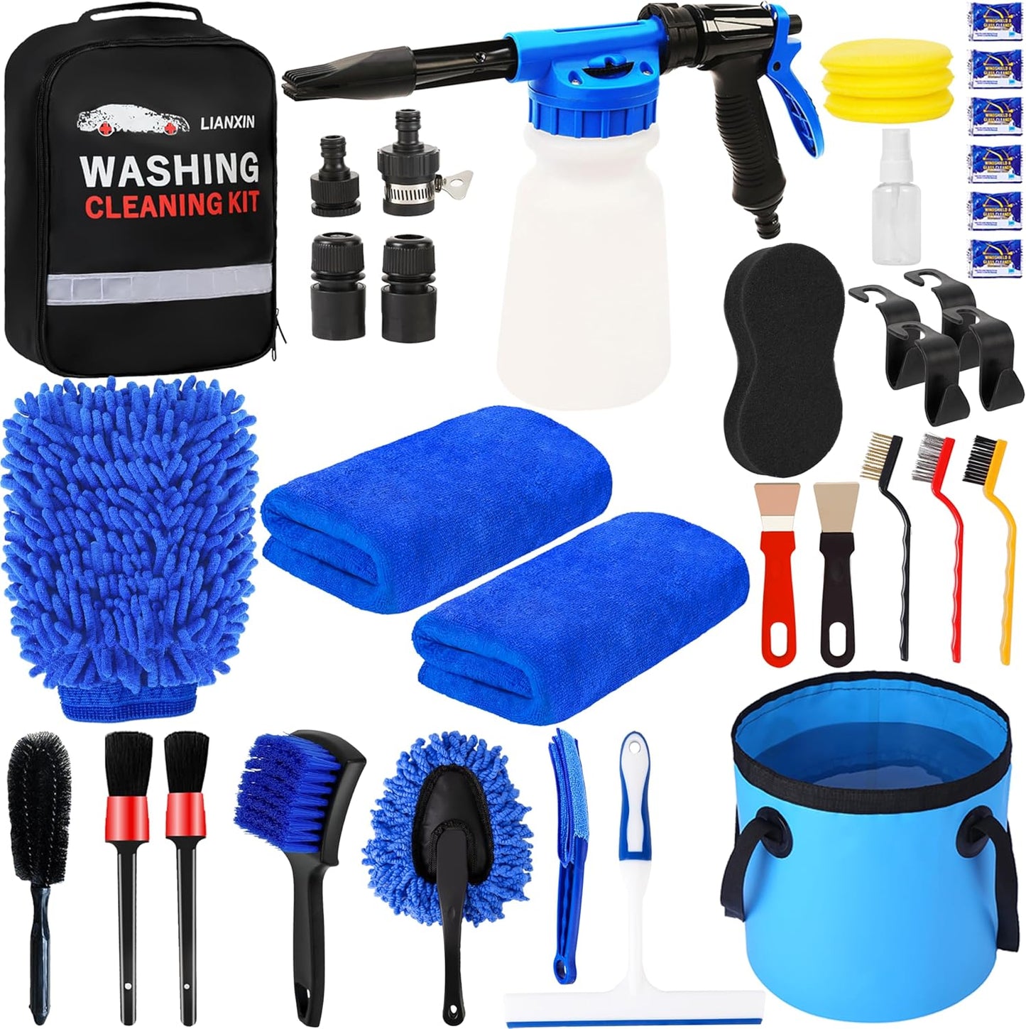 LIANXIN Car Wash Kit Car Wash Cleaning Kit with Car Wash Foam Gun Microfiber Sponge and Towels Tire Brush Built, Car Foam Gun, Car Cleaning Tool