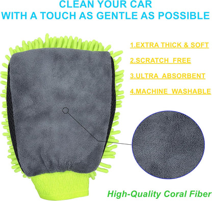 Car Wash Mitt Microfiber 2-PK, Scratch-Free & Lint-Free, Premium Chenille & Coral Fleece Double Sided, Waterproof Interior, Perfect for Car Washing & Detailing, 10.25" x 7.5", Green & Blue