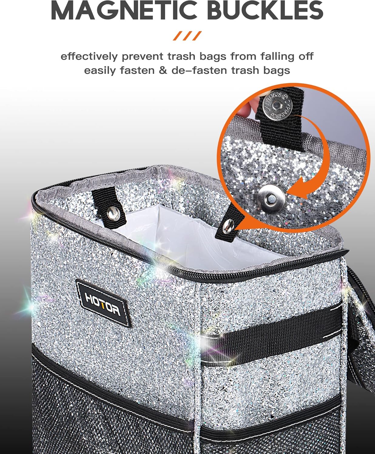 HOTOR Car Trash Can with Lid and Storage Pockets - 100% Leak-Proof Organizer, Waterproof Garbage Can, Multipurpose Trash Bin for Car, 2 Gallons, Black
