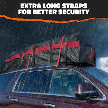 Mockins 25 CuFt Waterproof Rooftop Cargo Carrier Bag | 60"x43"x17" All-Weather 500D Soft-Shell Vinyl Car Top Carrier Without Roof Rack | Vehicle Soft-Shell Carriers with Roof Mat, Lock, Hooks & Straps
