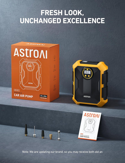 AstroAI Tire Inflator Portable Air Compressor 12V DC 100PSI, Integrated Storage, Digital Gauge, Auto Shut-Off Fast Inflation LED Light, Air Pump for Car Tires Bike Motorcycle Other Inflatables, Yellow