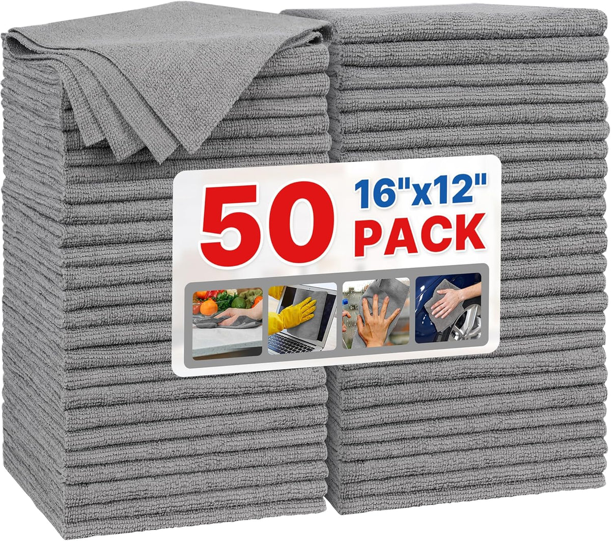 FIXSMITH Microfiber Cleaning Cloth - Pack of 50, Microfiber Towels for Cars 16 x 12 in, Highly Absorbent Cleaning Rags, Lint-Free, Streak-Free Cleaning Cloths for Car Kitchen Home Office