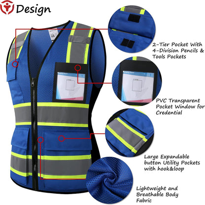 Reflective High Visibility Safety Vest for Men Women with Pockets Zipper Front Meets ANSI/ISEA Standards