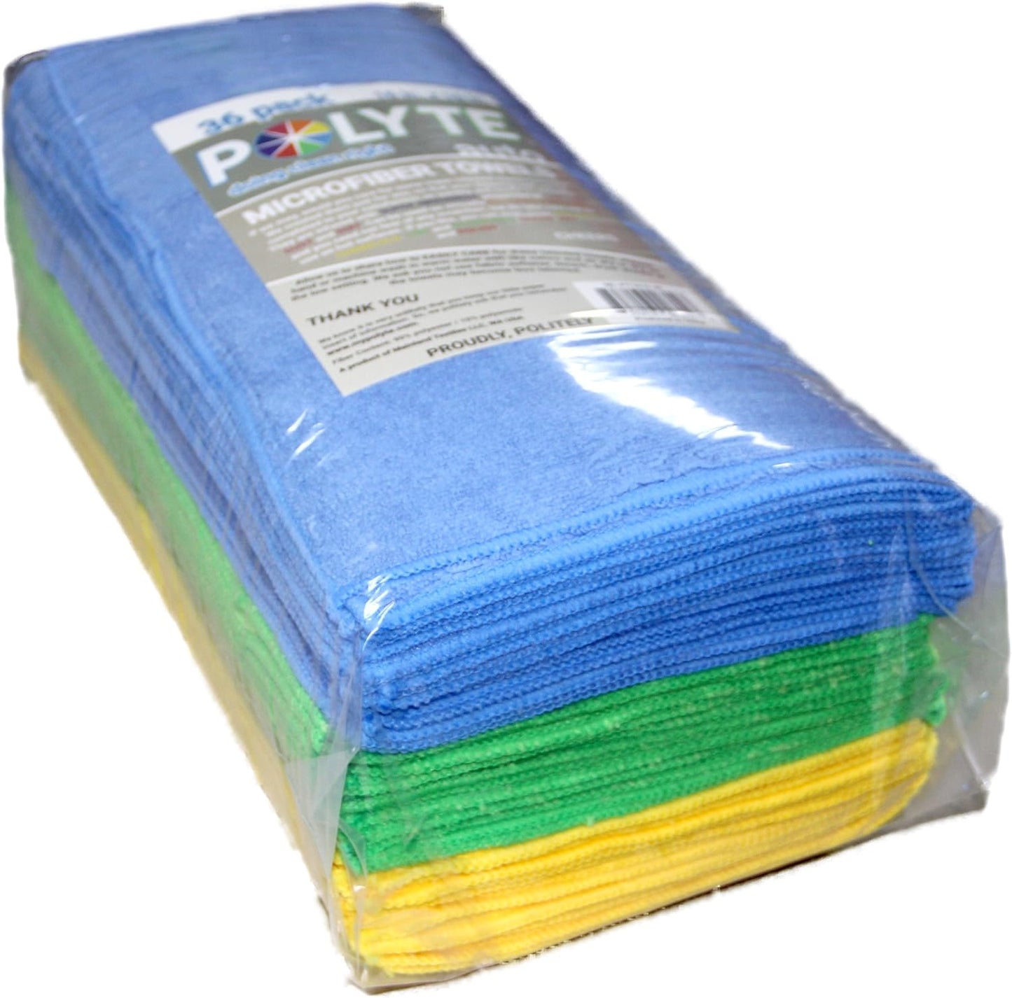POLYTE Premium Microfiber Cleaning Towel,16x16 in 36 Pack (Blue,Gray,Yellow)