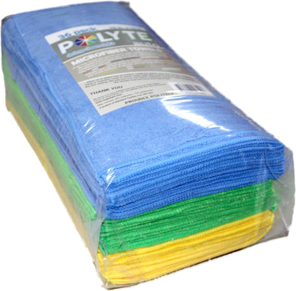 POLYTE Premium Microfiber Cleaning Towel,16x16 in 36 Pack (Blue,Gray,Yellow)