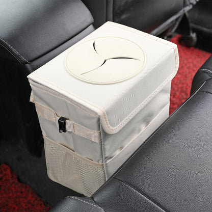 AOKJOY Car Garbage can with lid Leak Proof Vehicle Trash Can 3 Storage Pockets Hanging Waterproof car Trash Bag for SUV Beige