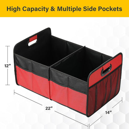 YSSOA Car Trunk Organizer, 2 Compartments Anti-slip 14" D x 22" W x 12" H Collapsible Trunk Storage, 600D Oxford Polyester Car Storage, Suitable for SUV, Minivan, Truck, Black