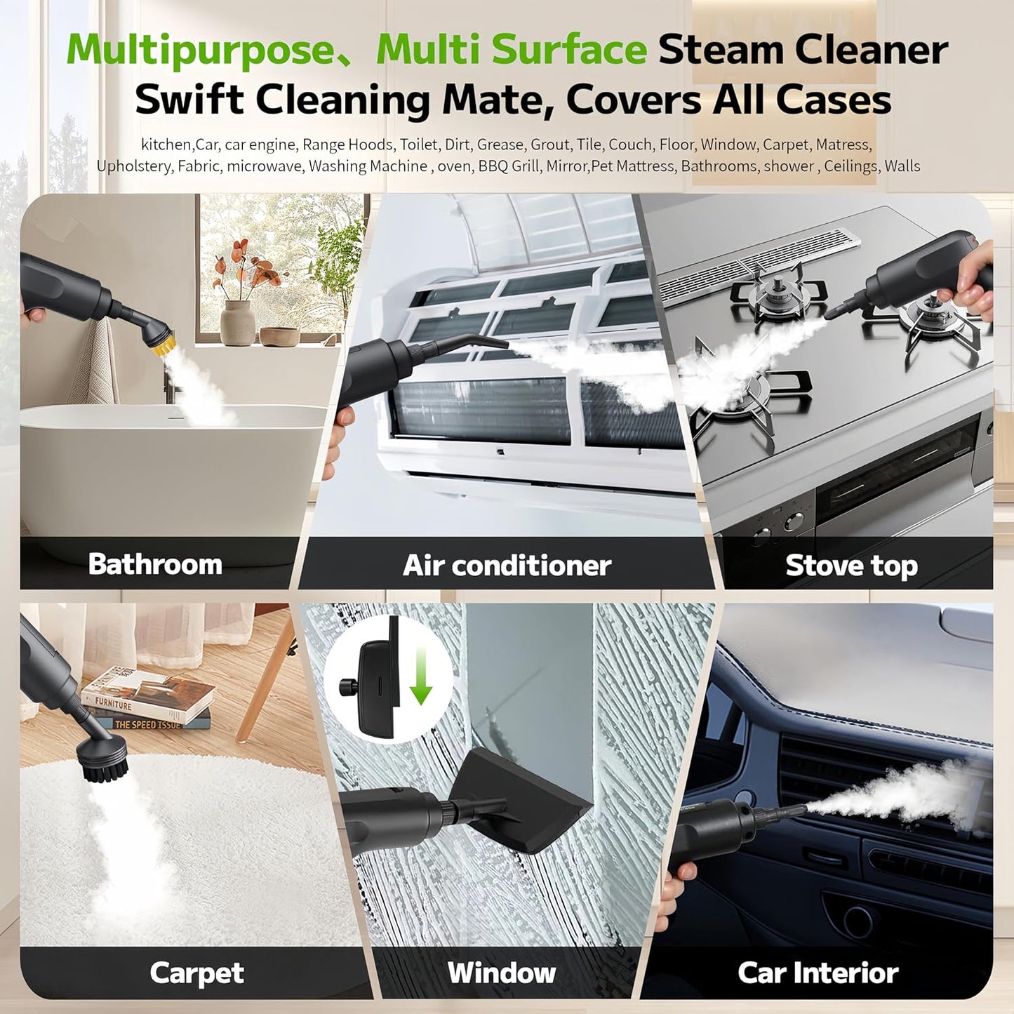 Pressurized Handheld Steam Cleaner 2500W, 54oz Large-Capacity Steamer with 3-Level Adjustable Steam, 15s Heat-Up & 15Pcs Accessories – for Car, Tile, Grout, Couch, Floor, Bed, Dirt, Furniture