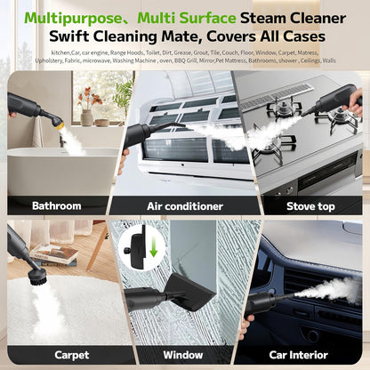 Pressurized Handheld Steam Cleaner 2500W, 54oz Large-Capacity Steamer with 3-Level Adjustable Steam, 15s Heat-Up & 15Pcs Accessories – for Car, Tile, Grout, Couch, Floor, Bed, Dirt, Furniture