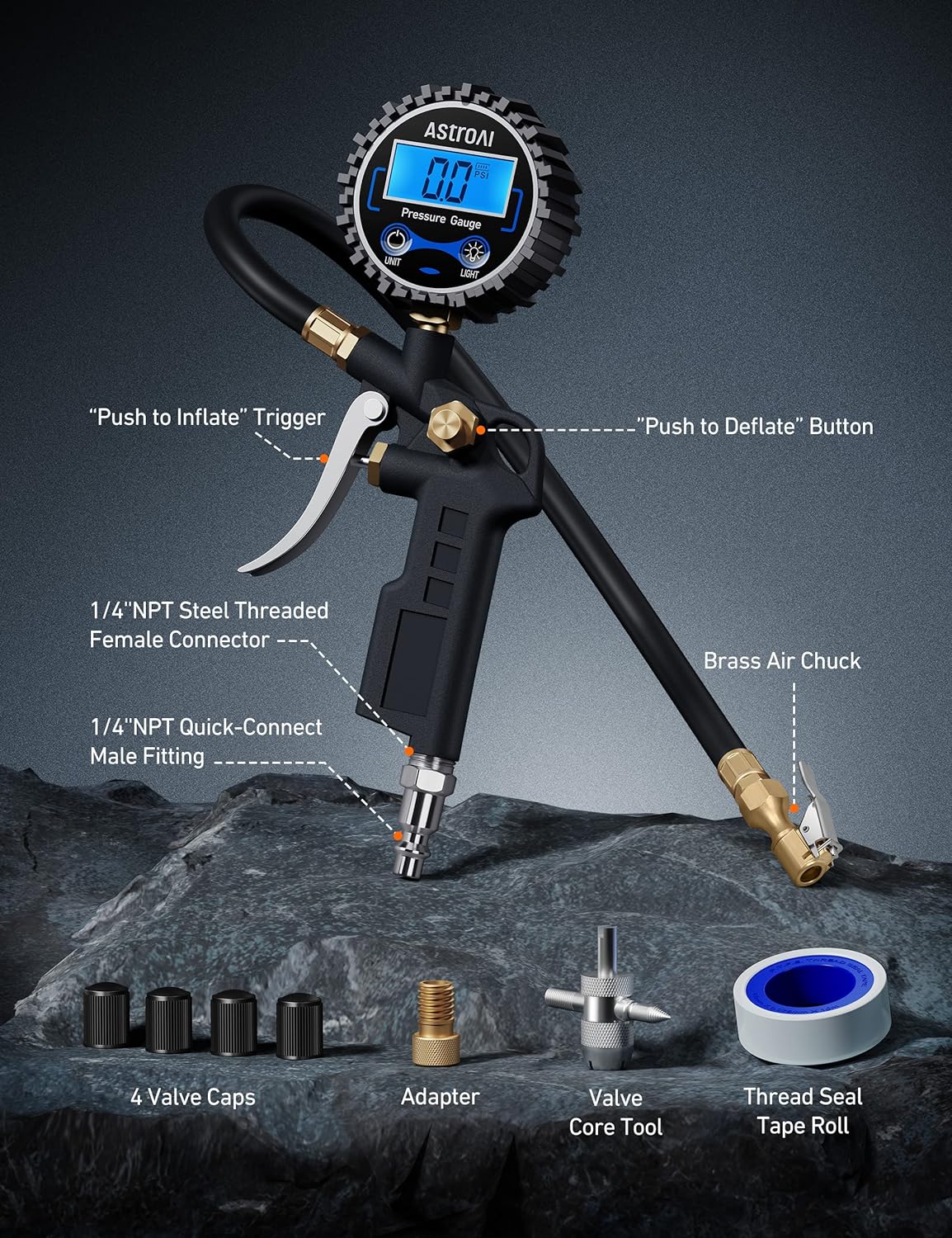 AstroAI Digital Tire Pressure Gauge with Inflator, 3-250 PSI Air Chuck & Compressor Accessories Heavy Duty with Quick Connect Coupler, 0.1 Display Resolution, 1Pack Standard