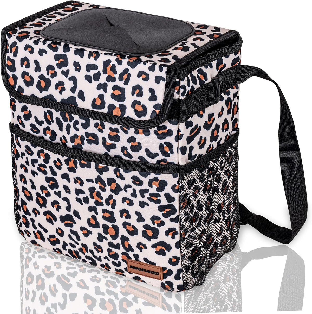 SIBOFUEGO Cute Car Trash Can with Lid – Multipurpose Collapsible Trash Bin for Car, Leak-Proof Organizer, Waterproof Garbage Can with Storage Pockets & Adjustable Straps, 2 Gallons (Black Leopard)