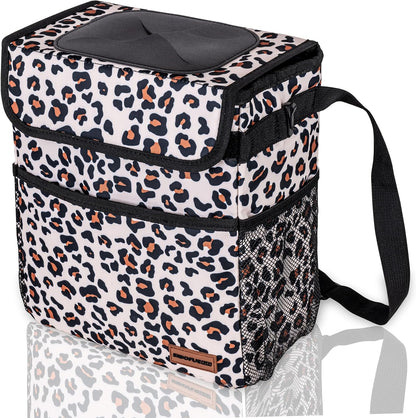 SIBOFUEGO Cute Car Trash Can with Lid – Multipurpose Collapsible Trash Bin for Car, Leak-Proof Organizer, Waterproof Garbage Can with Storage Pockets & Adjustable Straps, 2 Gallons (Black Leopard)