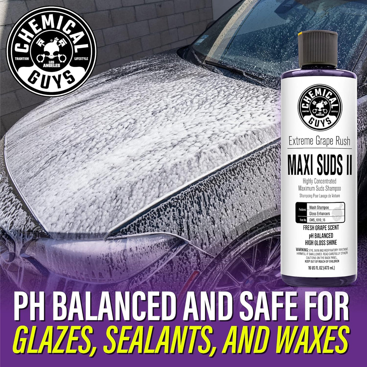 Chemical Guys CWS/1010/64 Maxi-Suds II Foaming Car Wash Soap (Works with Foam Cannons, Foam Guns or Bucket Washes) Safe for Cars, Trucks, Motorcycles, RVs & More, 64 fl. Oz (Half Gallon), Grape Scent