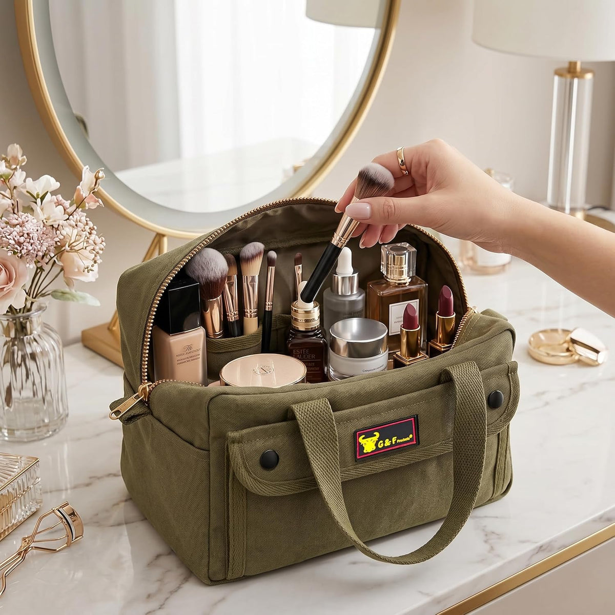Waxed Canvas All Purpose Military Style Duffle Bag, Water-Resistant, Adjustable Strap, Fully Lined, Double Zipper Closure, heavy Duty, Olive Green