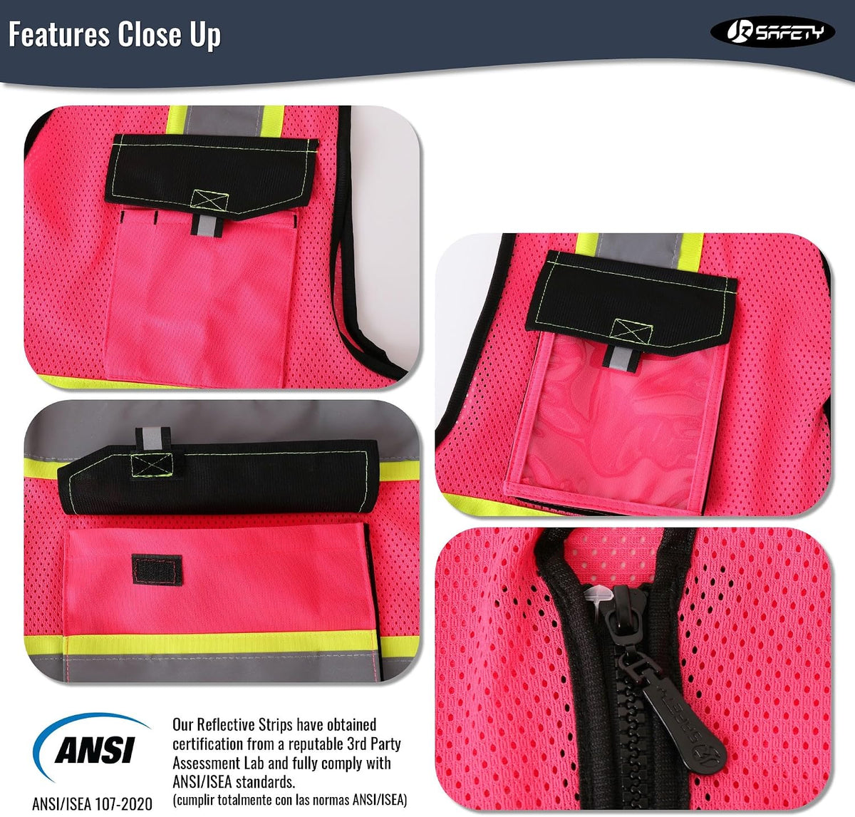 JKSafety Hi Vis Reflective Safety Vests for Men Women High Visibility Vest with Pockets Mesh Fabric Construction Safety Apparel Neon Vest for Work (220-Black L)