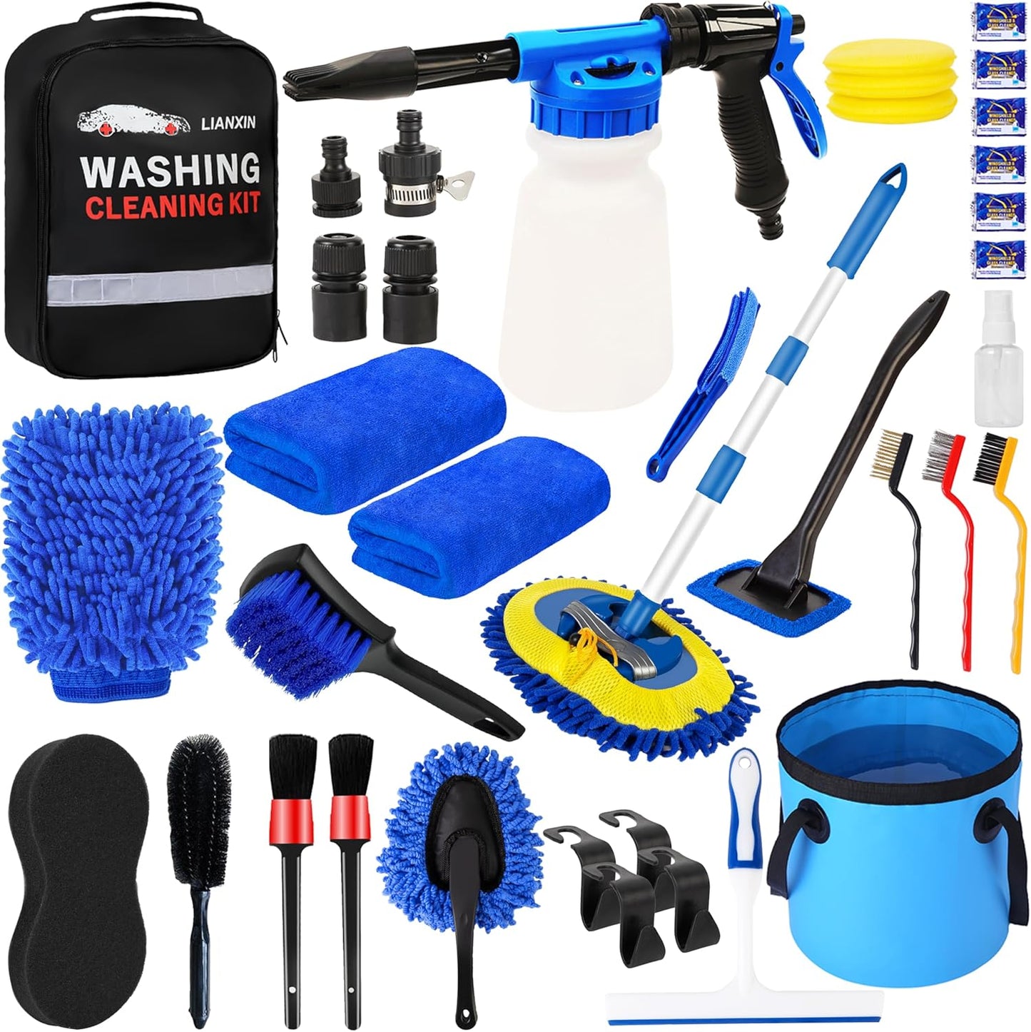 LIANXIN Car Wash Kit Car Wash Cleaning Kit with Car Wash Foam Gun Microfiber Sponge and Towels Tire Brush Built, Car Foam Gun, Car Cleaning Tool