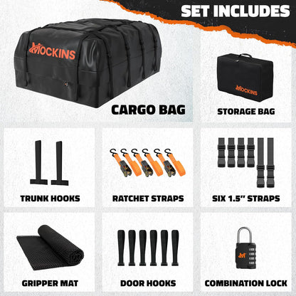 Mockins 35 Cu Ft Black Rooftop Cargo Carrier Bag 60"x42"x24" w/Accessories | Roof Bag Cargo Carrier for Top of Vehicle | Vehicle Soft-Shell Carriers for Car Roof Storage | Use with or w/o Roof Rack