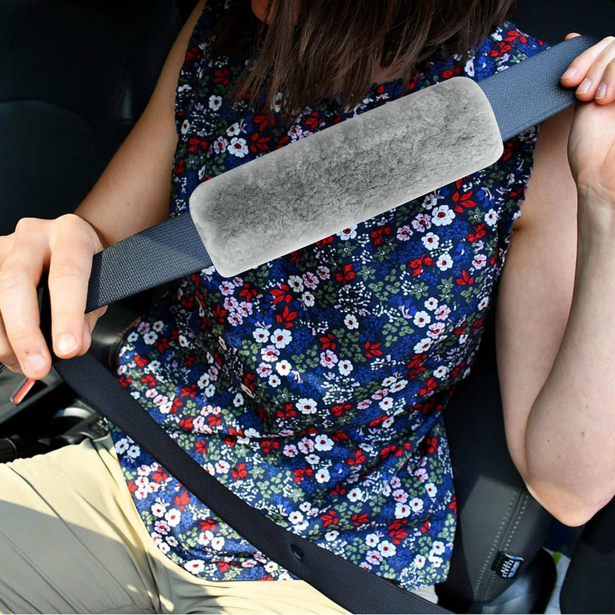 Amooca Soft Faux Fur Universal Fit Seatbelt Cover Car Truck SUV Airplane Seat Belt Shoulder Pad for Carmera Backpack Straps Neck Cushion Protector 2 Pack 10.5in Dark Gray