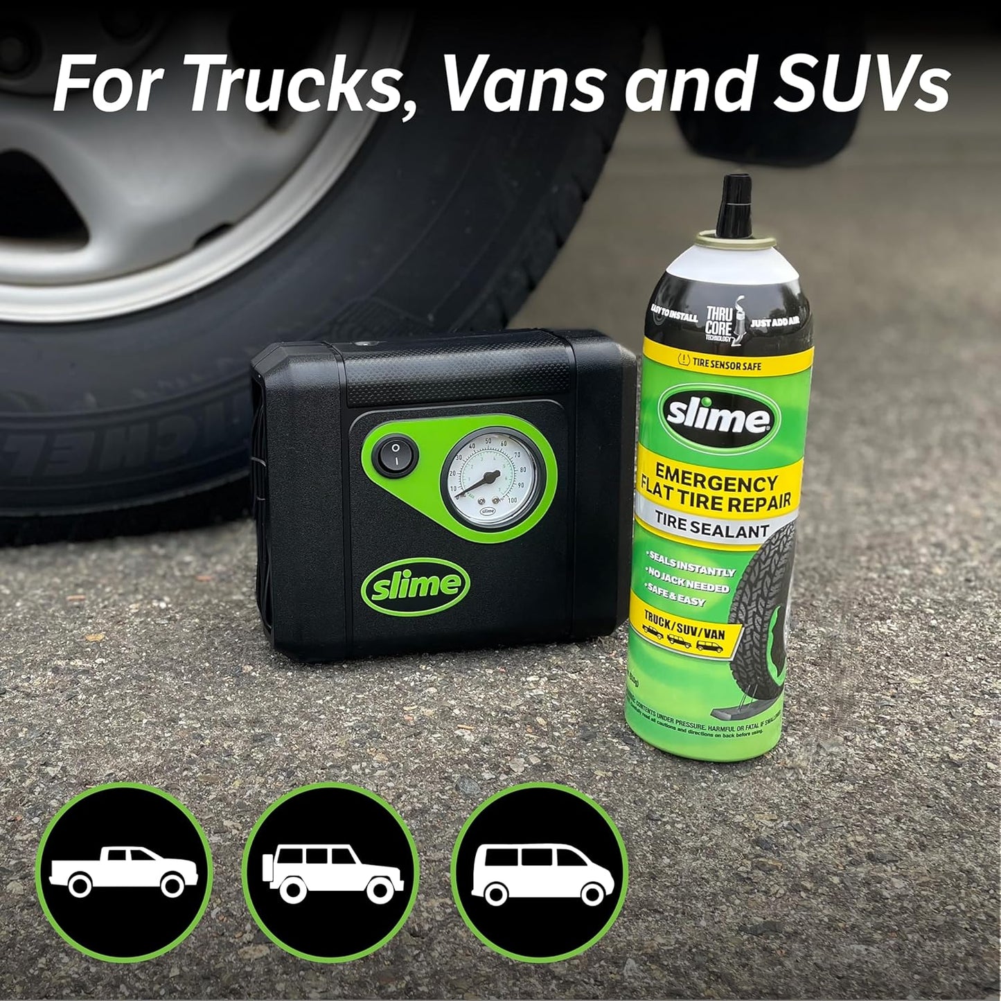 Slime 50107 Flat Tire Puncture Repair, Smart Spair, Emergency Kit For Car Tires, Includes Sealant And Tire Inflator Pump, Suitable For Cars And Other Highway Vehicles, 15 Min Fix