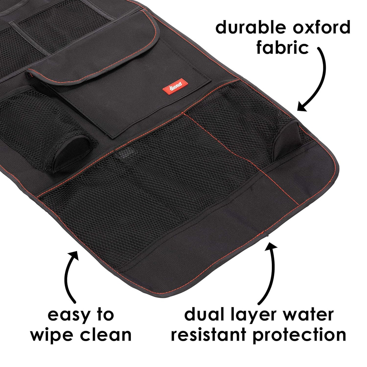 Diono Stow 'n Go Car Back Seat Organizer for Kids, Kick Mat Back Seat Protector, with 7 Storage Pockets, 2 Drinks Holders, Water Resistant, Durable Material, Black , 18x10x9 Inch (Pack of 1)