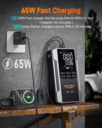 WOLFBOX MV16A 3000A Jump Starter with Air Compressor, 59.2Wh&160PSI Portable Car Battery Jump Starter with 65W Fast Charging, 12V Battery Pack (8L Gas 6L Diesel) with Boost, Light and Jumper Cables
