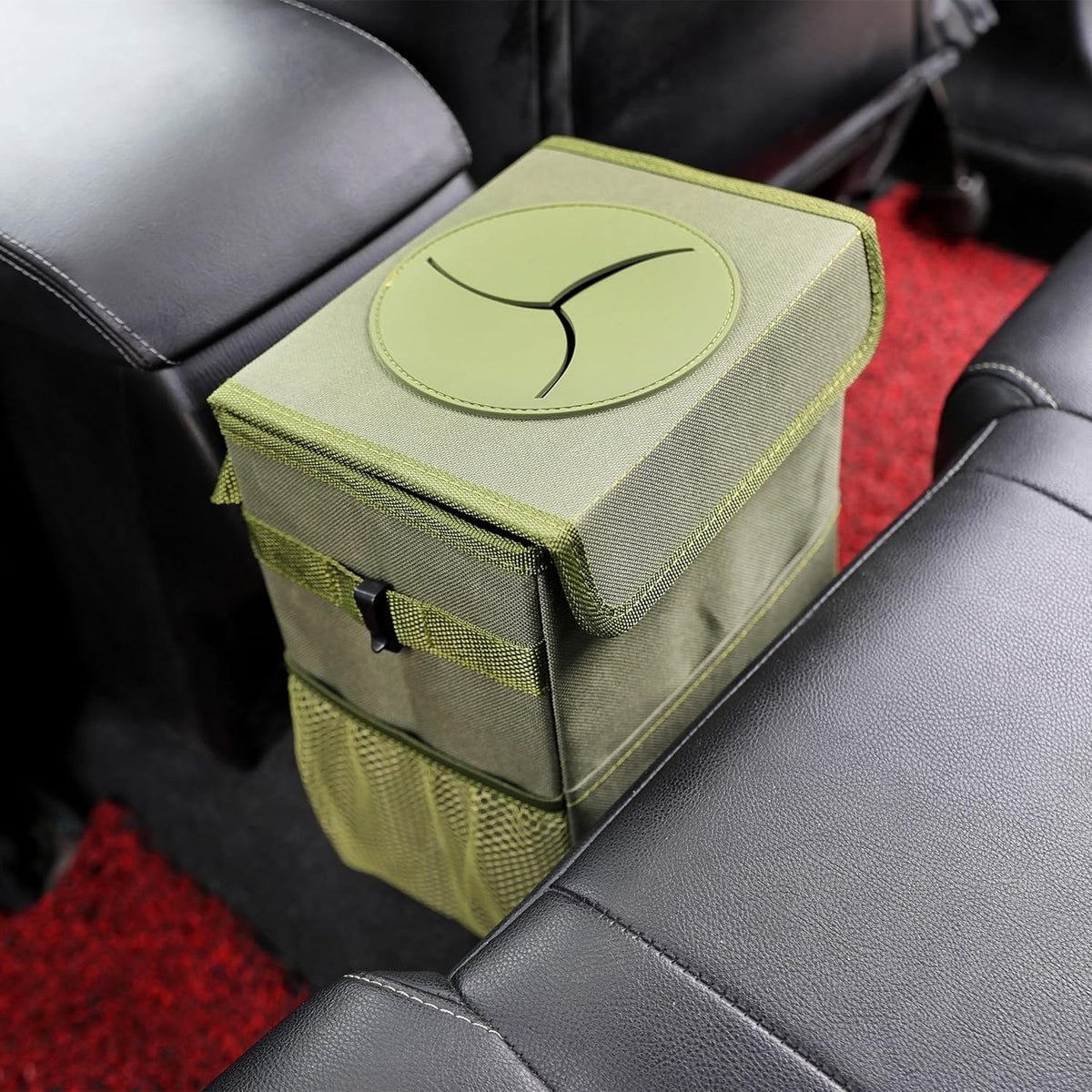 AOKJOY Car Garbage can with lid Leak Proof Vehicle Trash Can 3 Storage Pockets Hanging Waterproof car Trash Bag for SUV Beige